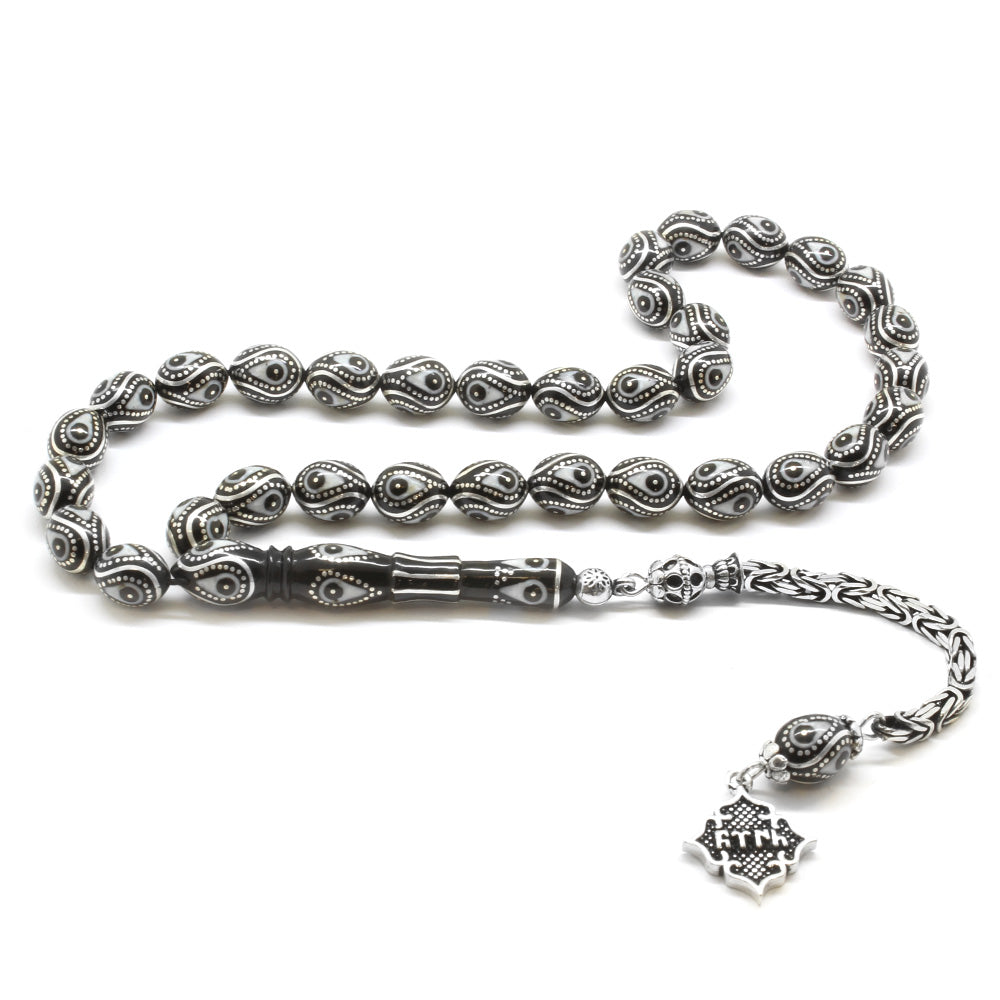 Silver King Tassel Silver-Enamel Erzurum Oltu Stone Rosary