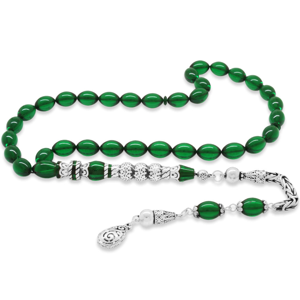 925 Sterling Silver King Tasseled Silver Three-Sarfered Nakkaş Imaginated Green Fire Amber Prayer Beads