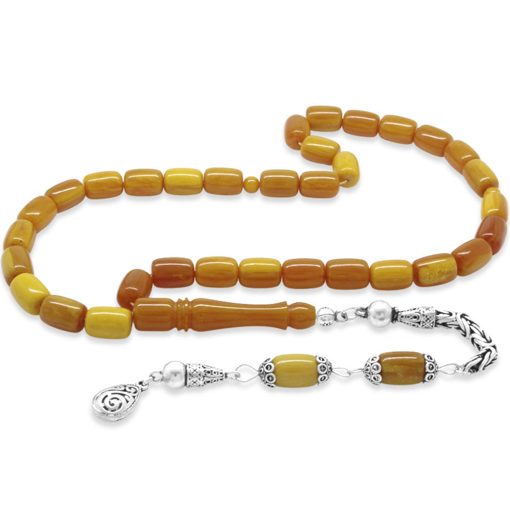 925 Sterling Silver King Tassel Capsule Cut Yellow Brown Squeezed Amber Rosary