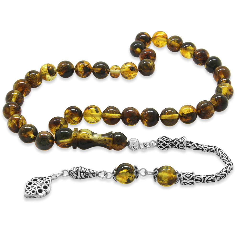 925 Sterling Silver Sphere Cut Moire Yellow Drop Amber Rosary with King Tassel