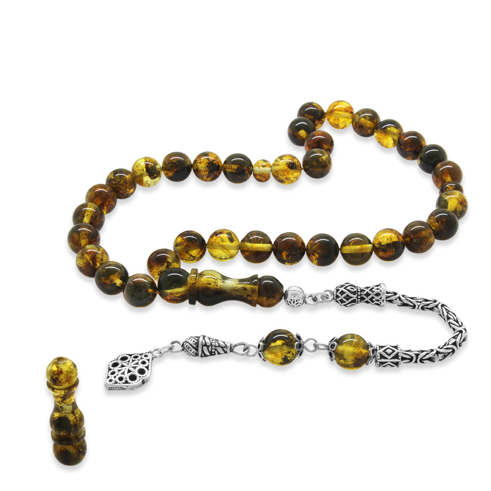 925 Sterling Silver  Moire Yellow Drop Amber Rosary with King Tassel