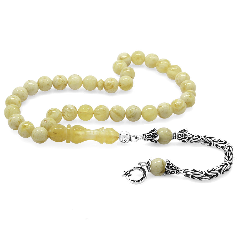 925 Sterling Silver King Tassel Yellow-White Moire Drop Amber Rosary