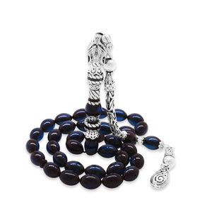 925 Sterling Silver King Tasseled Muralist Imitation Wolf Head Design Dark Blue Pressed Amber Prayer Beads