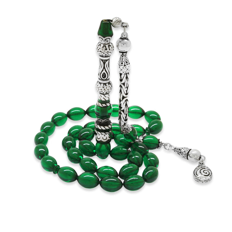 925 Sterling Silver King Tasseled  Green Fire Amber Rosary