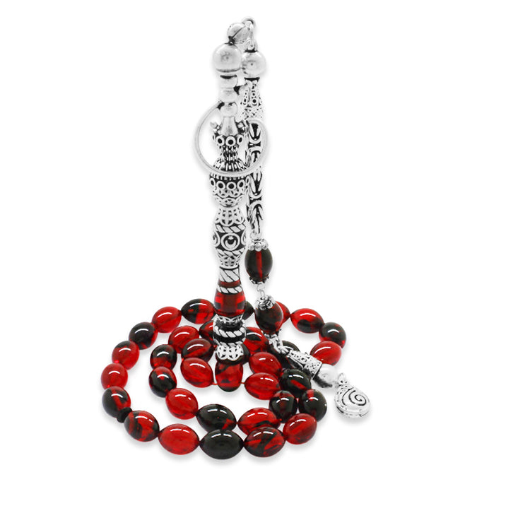 925 Sterling Silver King Tassel Nakkaş İmameli  Red-Black Fire Amber Rosary