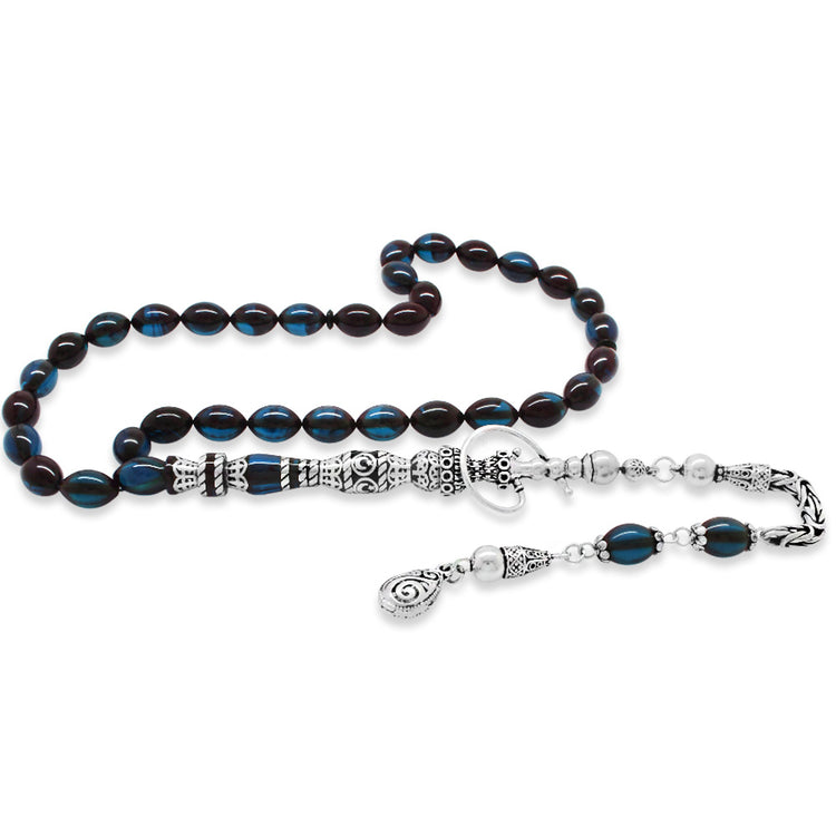 925 Sterling Silver King Tasseled Nakkaş İmameli Hookah Design Blue-Black Pressed Amber Prayer Beads