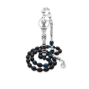 925 Sterling Silver King Tasseled Nakkaş İmameli Blue-Black Pressed Amber Prayer Beads