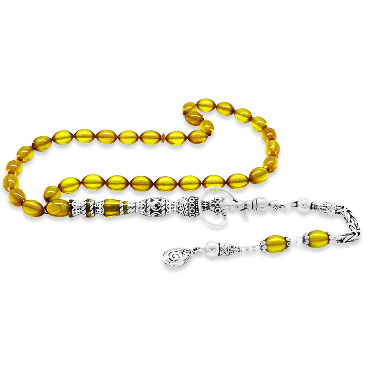 925 Sterling Silver King Tasseled Nakkaş Imameli Hookah Design Yellow Fire Amber Prayer Beads