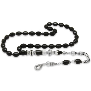 925 Sterling Silver King Tasseled Nakkaş Imameli Black Pressed Amber Prayer Beads