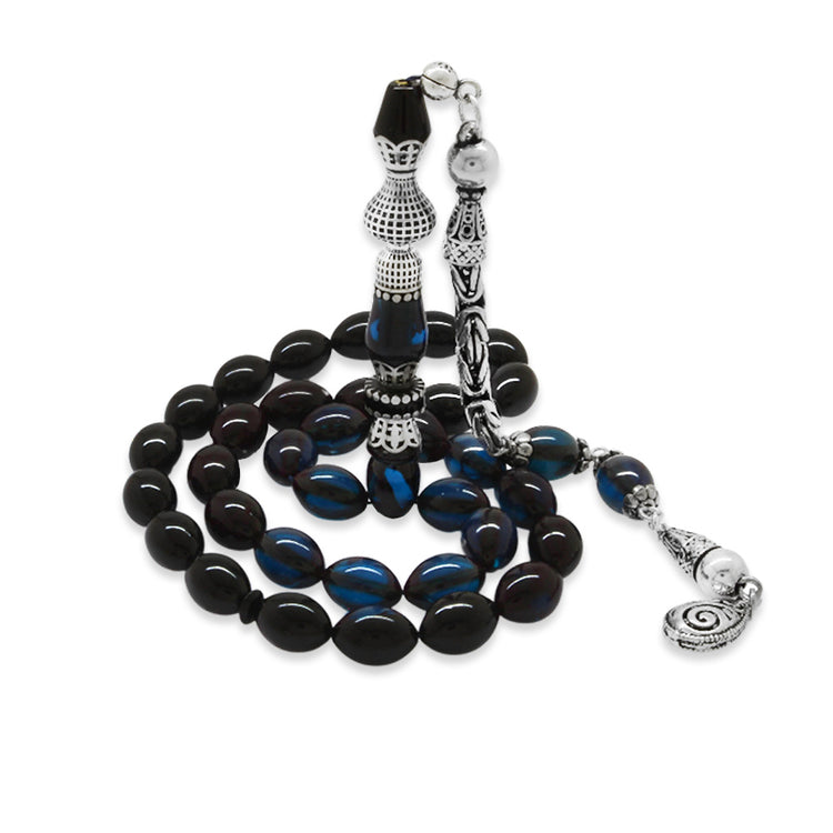 925 Sterling Silver King Tasseled Nakkaş Imameli Filtered Blue-Black Pressed Amber Prayer Beads