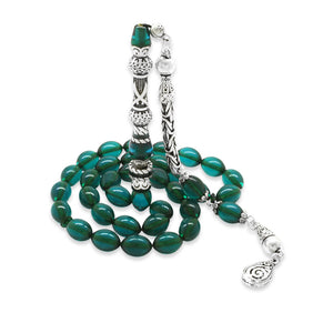 925 Sterling Silver King Tasseled  Turquoise Fire Amber Prayer Beads
