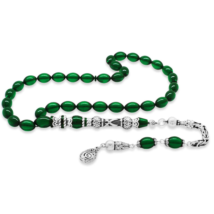 925 Sterling Silver King Tasseled Nakkaş Imameli Zulfiqar Design Green Fire Amber Rosary