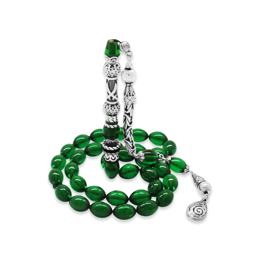 925 Sterling Silver King Tasseled Zulfiqar Design Green Fire Amber Rosary