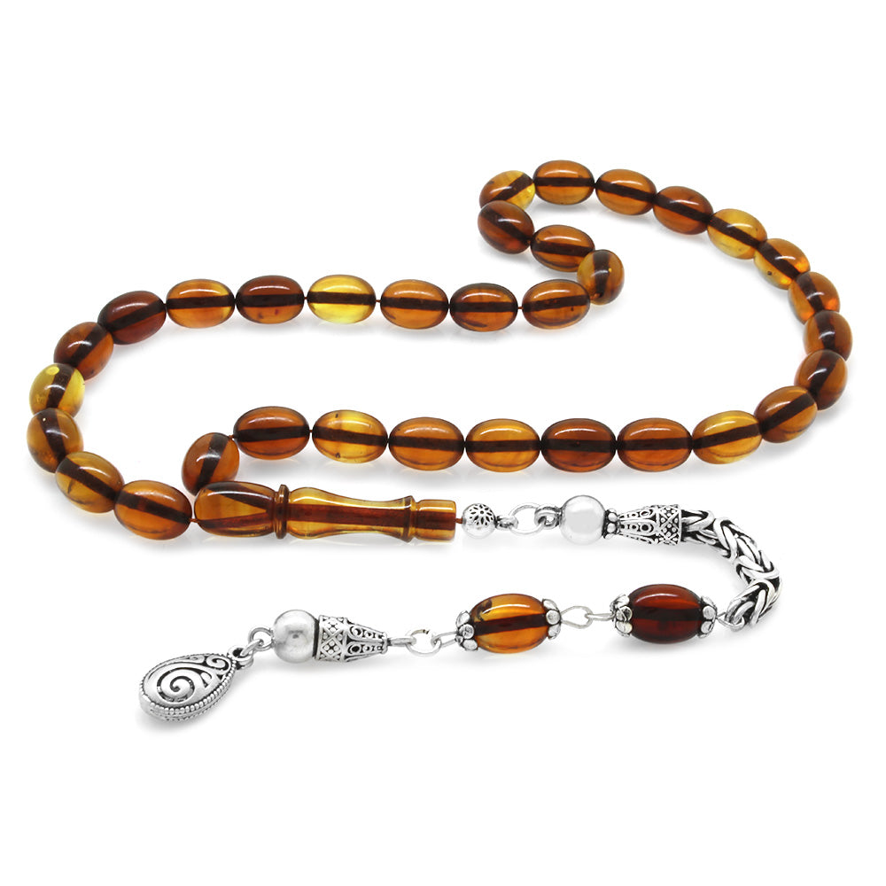 925 Sterling Silver Special Cut Honey Color Fire Amber Rosary with King Tassel