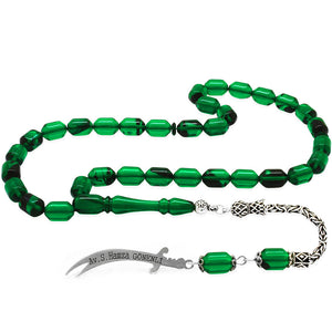 925 Sterling Silver King Tassel Green-Black Fire Amber Rosary with Personalized Name 