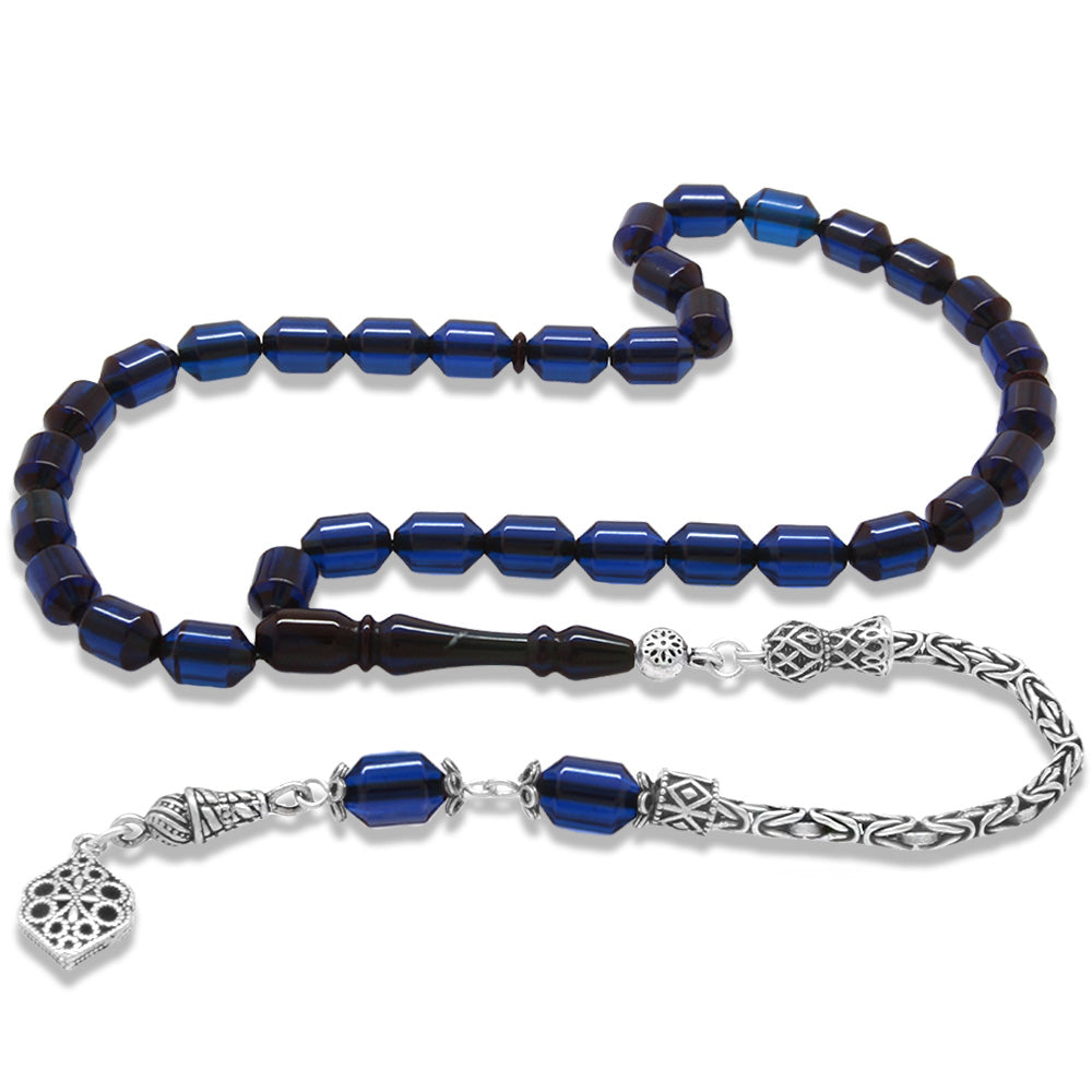 925 Sterling Silver King Tassel Ended Capsule Cut Dark Navy Blue Crimped Amber Rosary