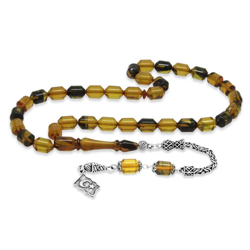 925 Sterling Silver King Tassel Ended Capsule Cut Yellow-Black Fire Amber Rosary