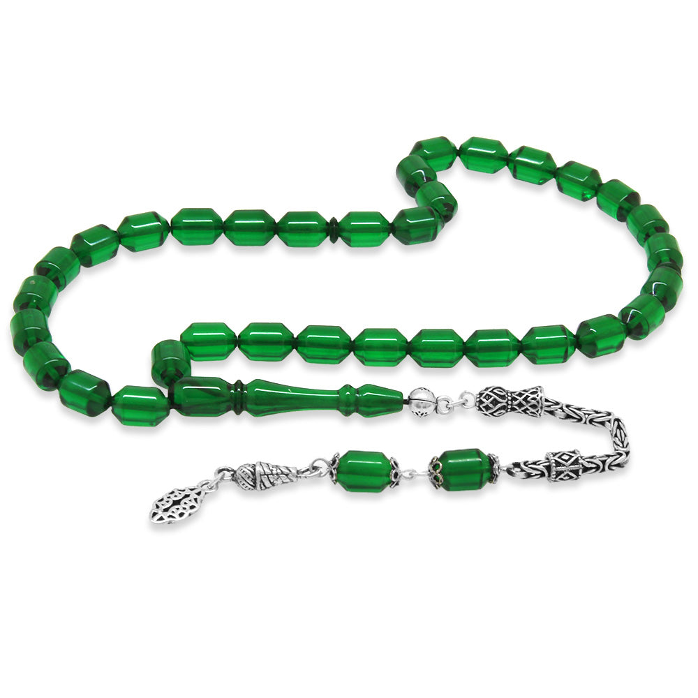 925 Sterling Silver King Tassel Ended Capsule Cut Green Fire Amber Rosary
