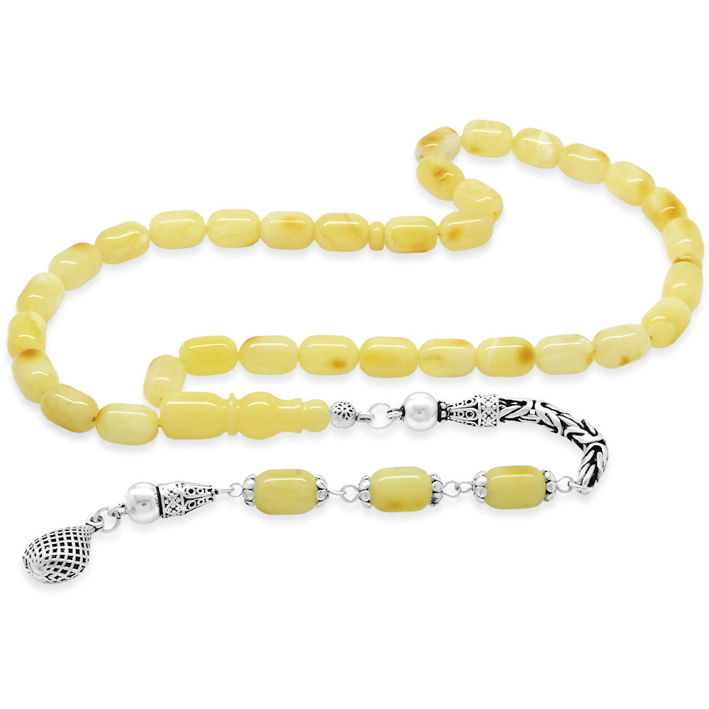 925 Sterling Silver King Chain Spiral End Tassel Capsule Cut White-Yellow Color Patined Drop Amber Rosary