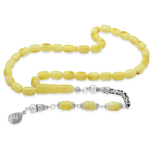925 Sterling Silver King Chain Spiral End Tasseled Capsule Cut Yellow-White Color Patined Drop Amber Rosary