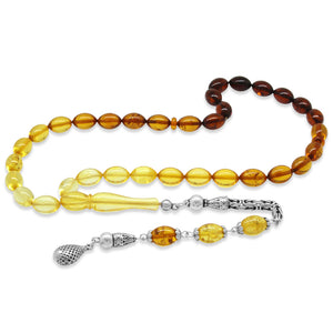925 Sterling Silver King Chain Tasseled Barley Cut Yellow - Red Drop Amber Rosary