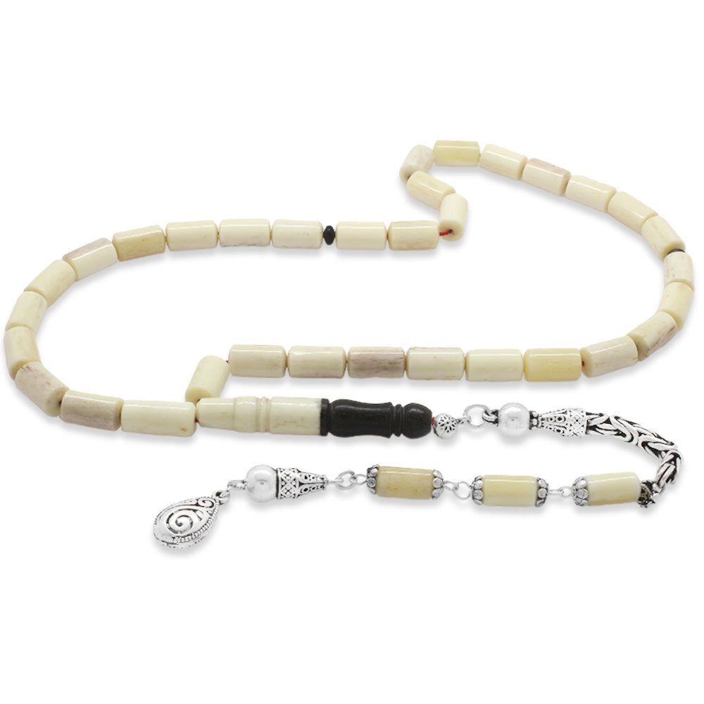 925 Sterling Silver King Chain Tasseled Capsule Cut Ebony Combination Natural Color Camel Bone Rosary