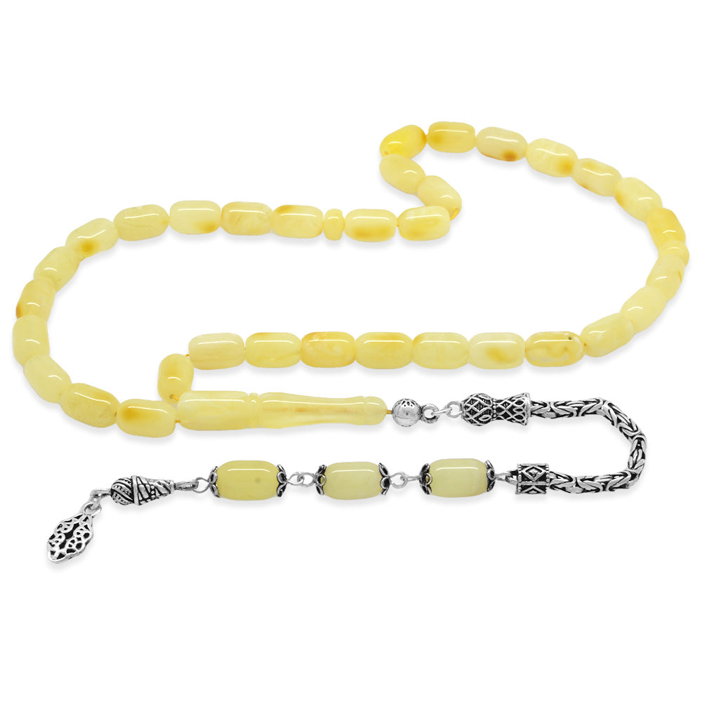 925 Sterling Silver King Chain Tasseled Capsule Cut White-Yellow Color Patined Drop Amber Rosary
