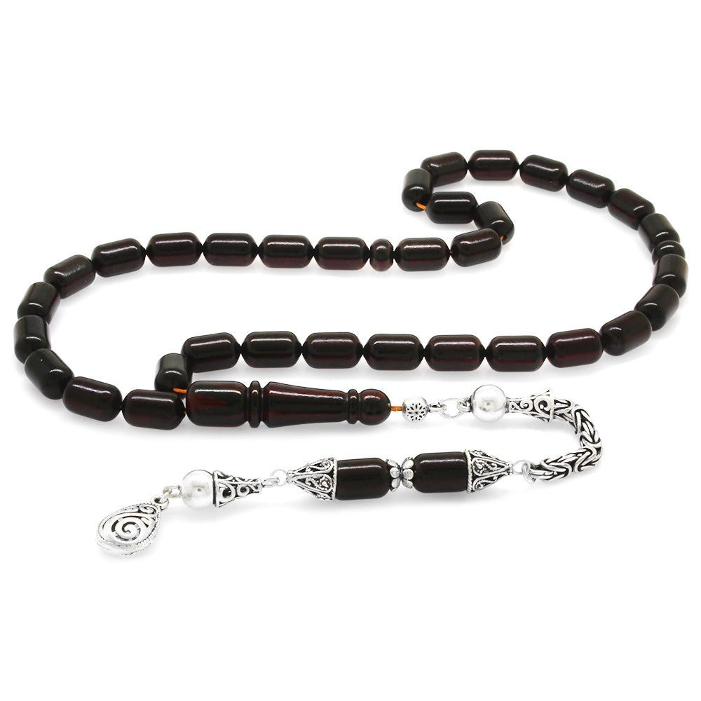 925 Sterling Silver King Chain Tasseled Dark Red Drop Amber Rosary