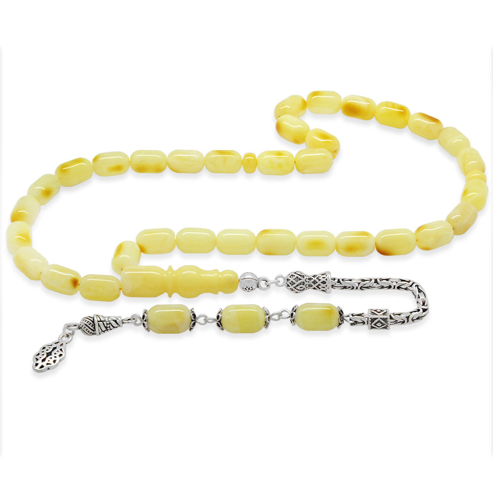 925 Sterling Silver King Chain Tasseled Capsule Cut Yellow-White Moire Patined Drop Amber Rosary