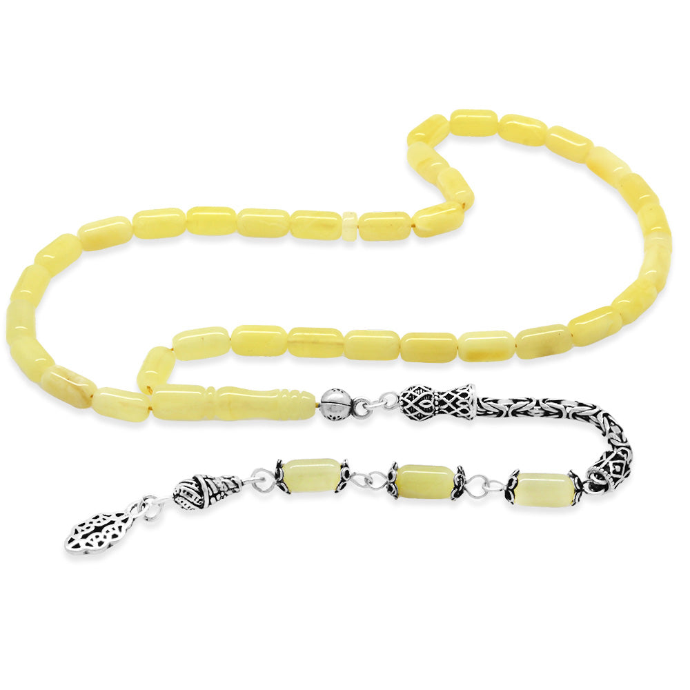 925 Sterling Silver King Chain Tasseled Capsule Cut Yellow-White Color Patined Drop Amber Rosary