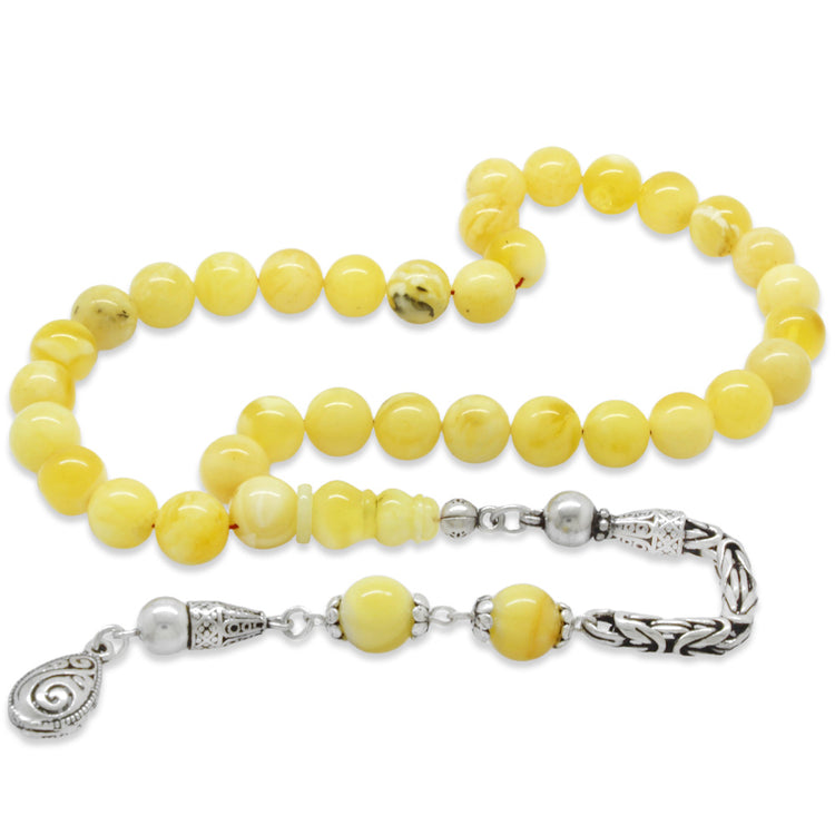925 Sterling Silver King Chain Tasseled Globe Cut Yellow-White Natural Drop Amber Rosary