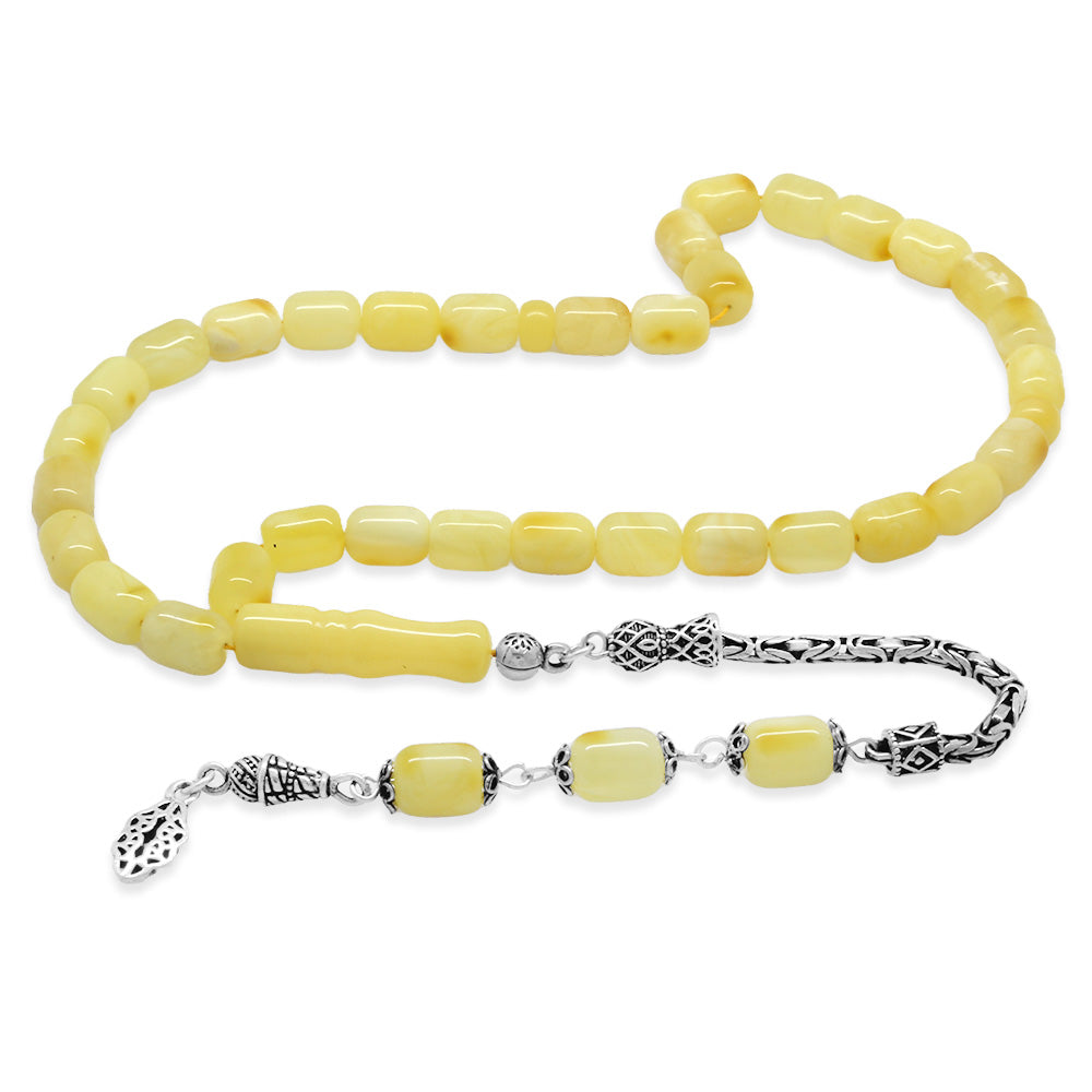 925 Sterling Silver King Chain Tasseled Chubby Capsule Cut Yellow-White Color Patined Drop Amber Rosary