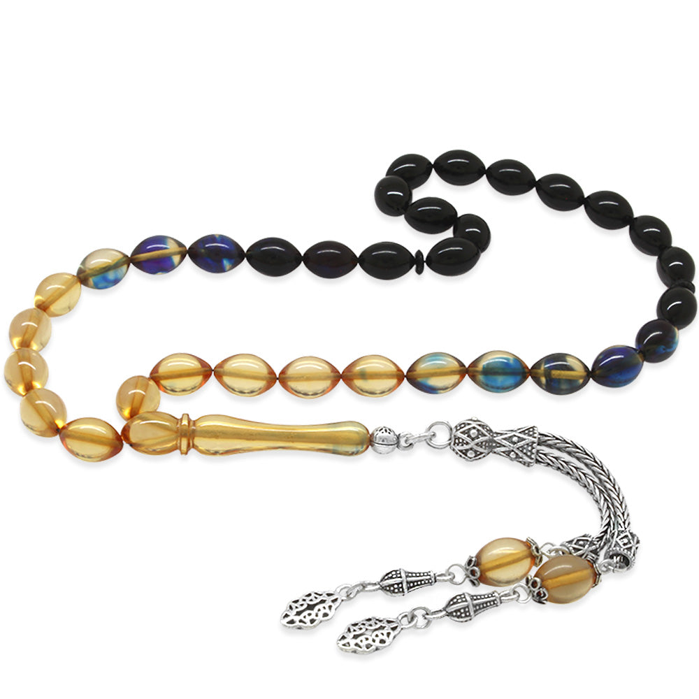 Silver Double Tasseled Blue-White Fire Amber Rosary