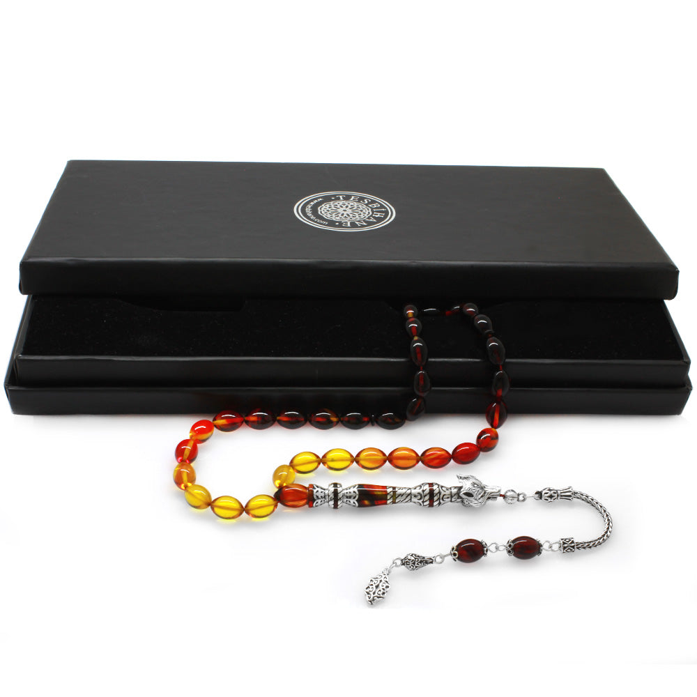925 Sterling Silver Wolf Head Design Bala-Black Amber Rosary