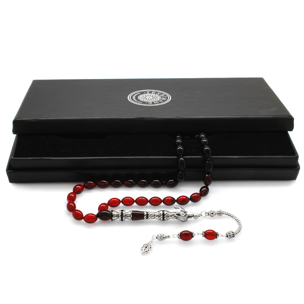 925 Sterling Silver Wolf Head Design Red-Black Amber Rosary