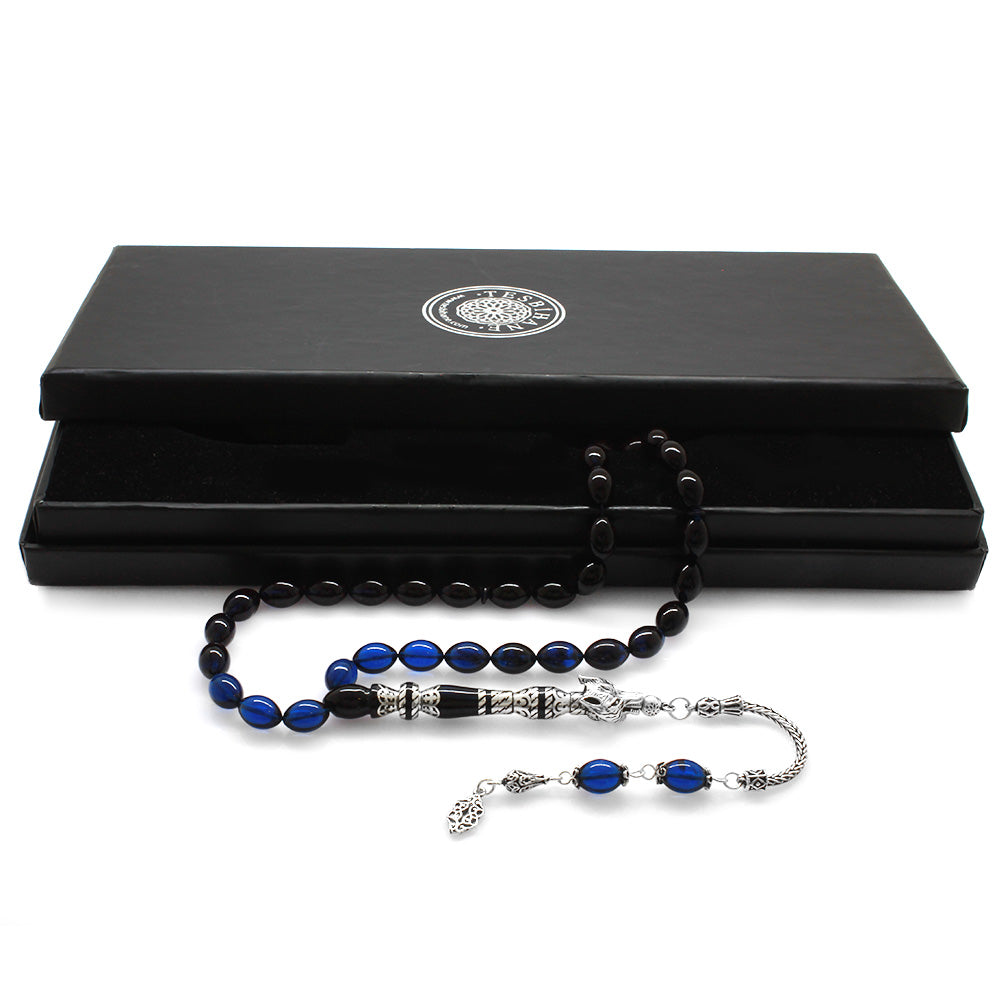 925 Sterling Silver Wolf Head Design Blue-Black Amber Rosary