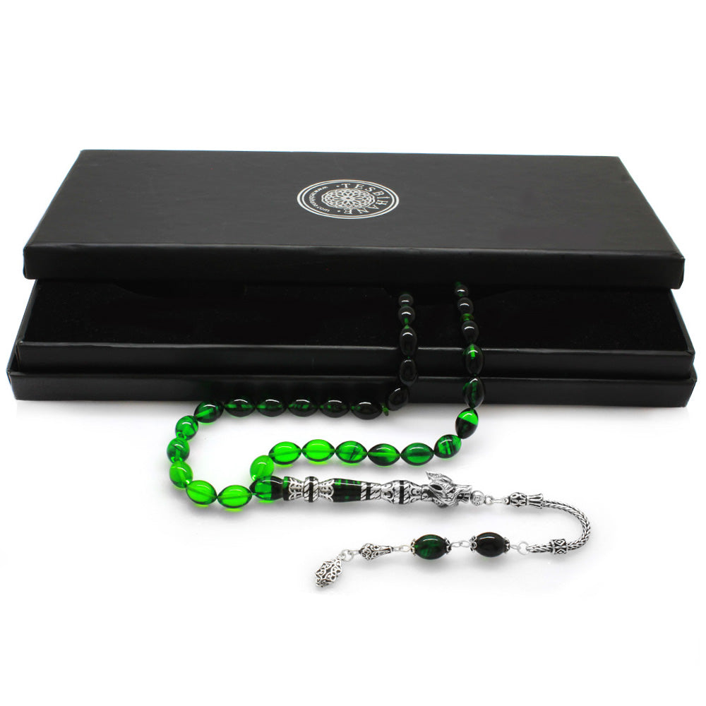 925 Sterling Silver Wolf Head Design Green-Black Amber Rosary