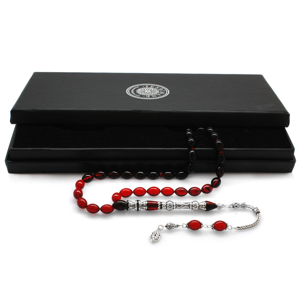 925 Sterling Silver Tulip Design Red-Black Amber Rosary