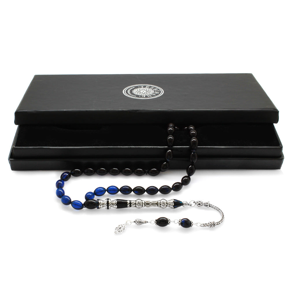 925 Sterling Silver Tulip Design Blue-Black Amber Rosary