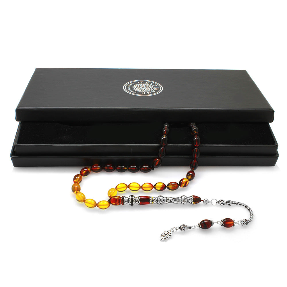 925 Sterling Silver Zülfikar Design Bala-Black Amber Rosary