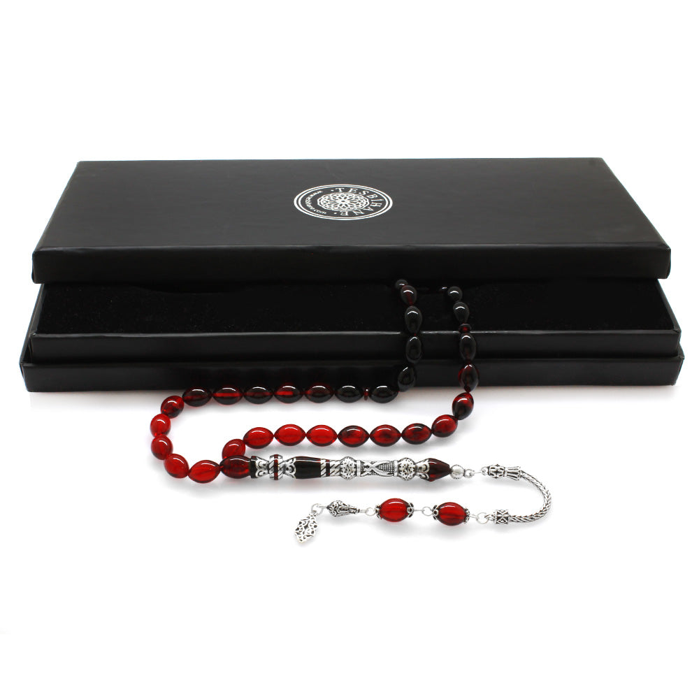 925 Sterling Silver Zülfikar Design Red-Black Amber Rosary