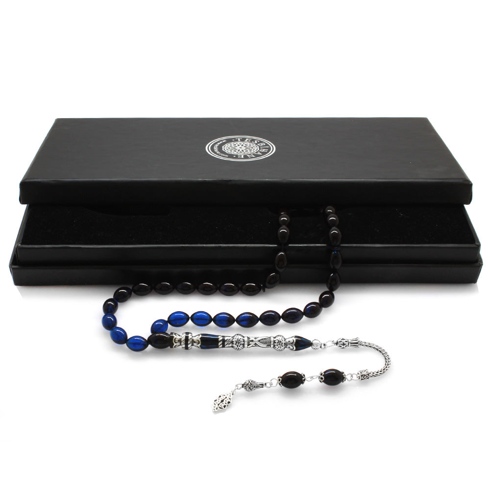 925 Sterling Silver Zülfikar Design Blue-Black Amber Rosary