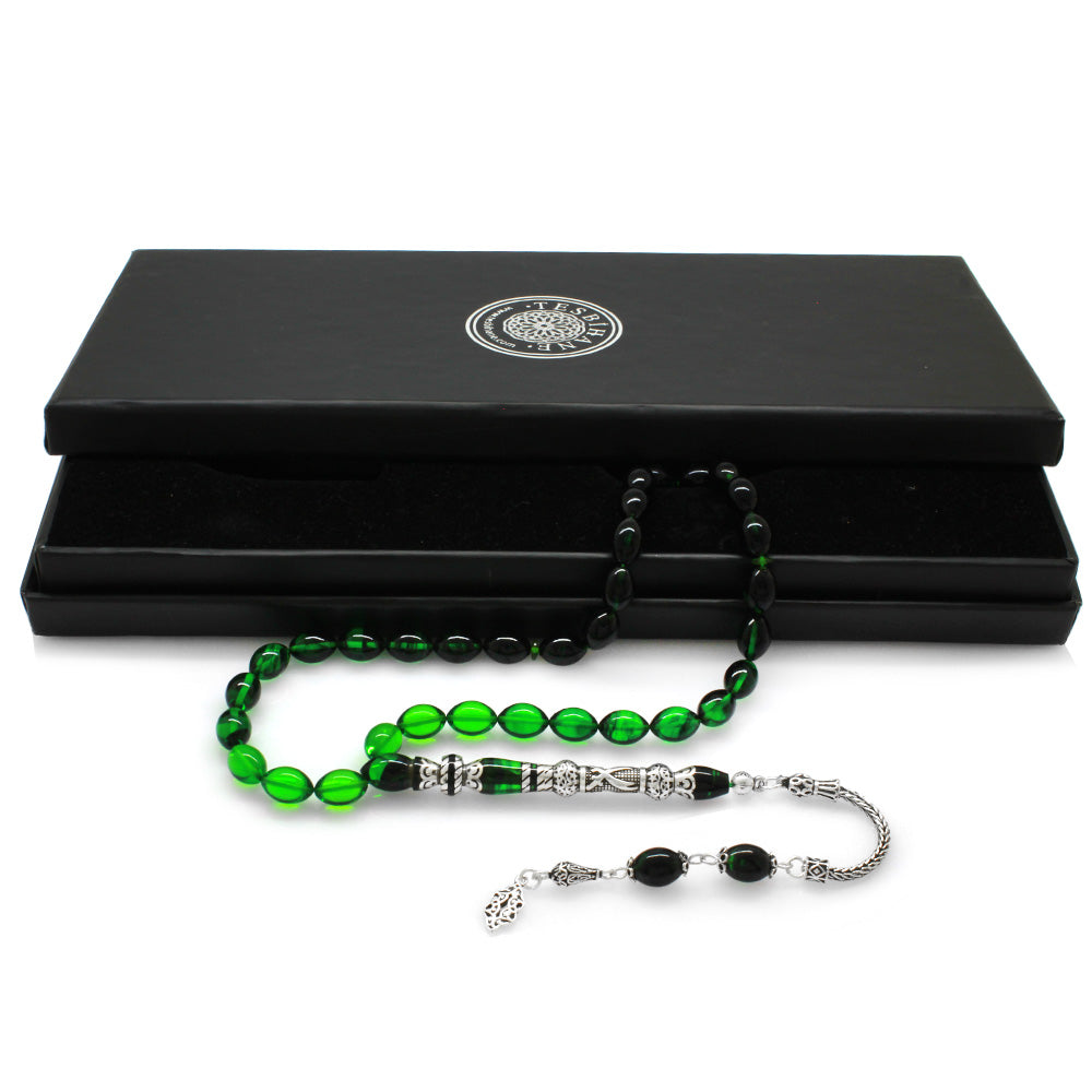 925 Sterling Silver Zülfikar Design Green-Black Amber Rosary