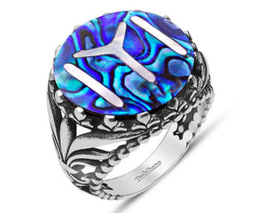 Silver Ring with Mother-of-Pearl Inlay on Ocean with Kayi Motif