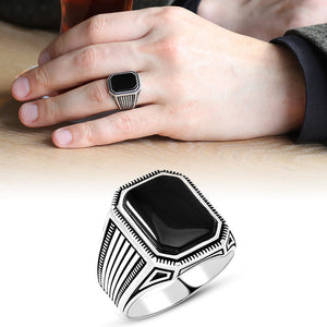 925 Sterling Silver Men's Ring with Rope Black Onyx Stone