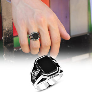 925 Sterling Silver Men's Ring with Tuğra Black Onyx -2