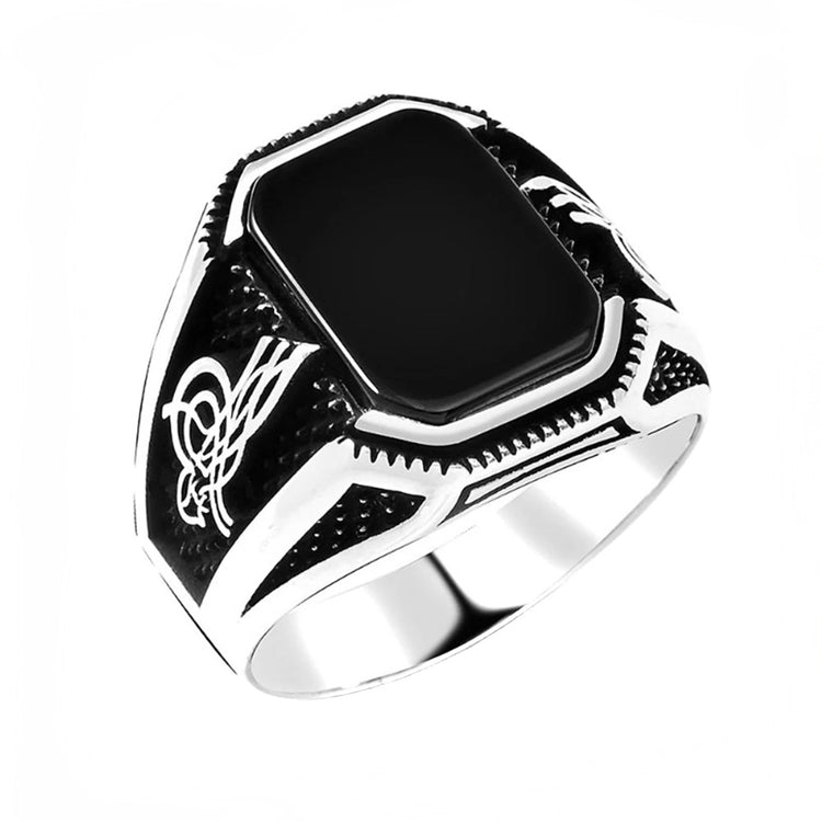 925 Sterling Silver Men's Ring with Tuğra Black Onyx 