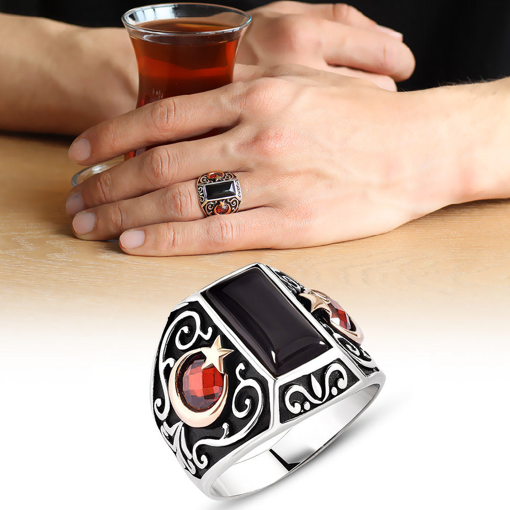 925 Sterling Silver Men's Ring with Star and Crescent Black Onyx Stone