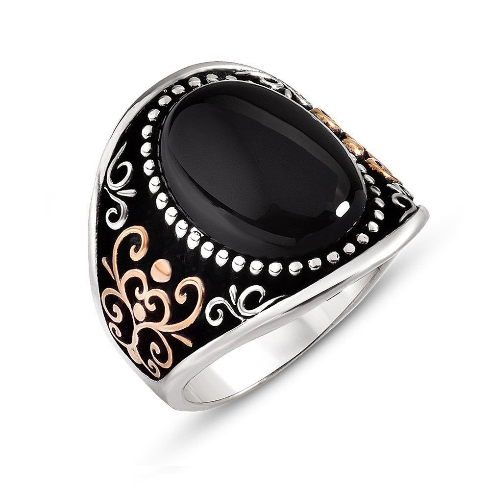 925 Sterling Silver Men's Ring with Black Oval Onyx Stone
