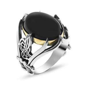 Silver Men's Ring with Monogram and Sword Black Onyx Stone 3